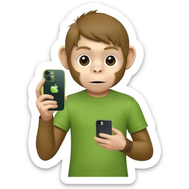 Un singe qui est habillé comme un garçon et qui a un iPhone 12 mini et qui a un t-shirt vert  sticker