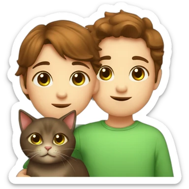 Girl with brown eyes and brown hair kisses boy with brown hair and green eyes and hugs brown fat cats sticker