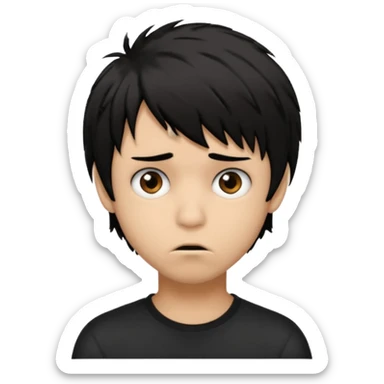 Boy, light brown skin, black hair, short long, emo, shaggy, creepy expression sticker