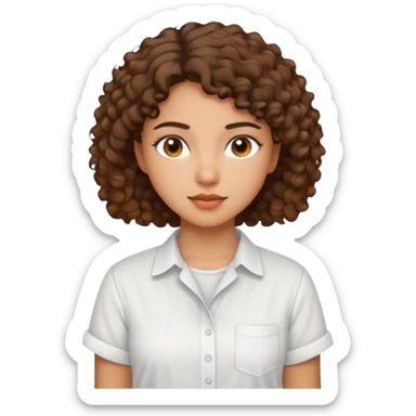 A Latina girl with brown eyes and short curly hair with a white shirt sticker