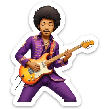 Icon for Rock Music: Jimi Hendrix playing his iconic guitar on stage, surrounded by his band. The design should capture the electrifying energy of his performance with vibrant lighting, swirling colors, and musical intensity. Transparent background. sticker