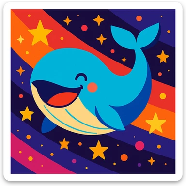 the happiest whale in space, vibrant, joyful, floating among stars, cosmic background sticker