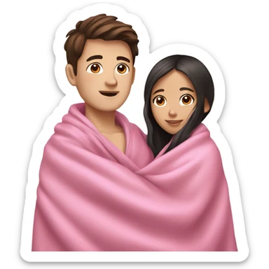 white boy with dark brown hair and asian girl cuddling in pink blankets sticker