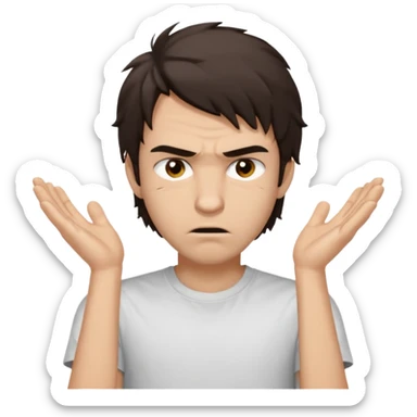 A young man with the appearance of dark brown hair of medium length, uncombed, covering the forehead and ears. • Large brown eyes with a slightly angry look. • Light skin, full lips, neutral facial expression. • Dressed in a light T-shirt (white) with the inscription UNTERWENS sticker