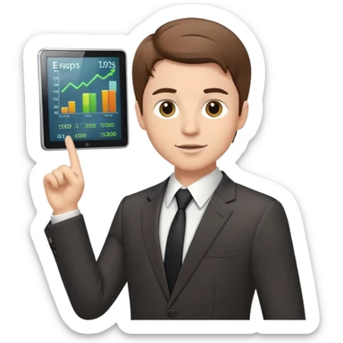 White boy with brown hair in a suit presenting a finance slideshow sticker