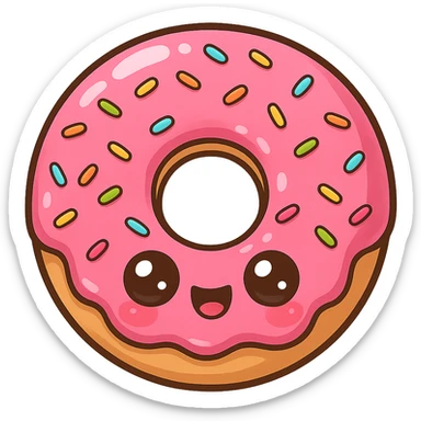 a cute pink donut, original design, big eyes, blushing cheeks, joyful sticker