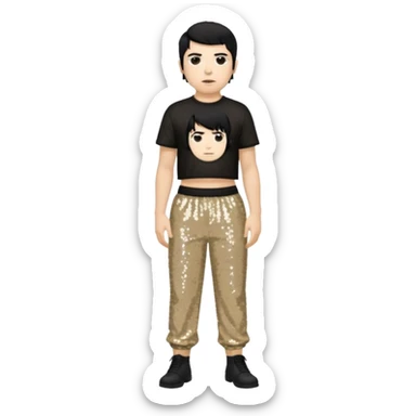 Chino Moreno with black hair, black sequin crop top, beige sequin baggy pants sticker