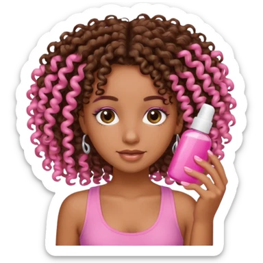 Uma menina com o cabelo cacheado é morena, e com uma regata rosa com unha em gel, é com Baby hair.  sticker