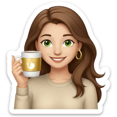 Long, Brown haired girl with middle hair part, green eyes, gold hoop nose ring, smiling, waving with one hand, coffee mug in the other sticker