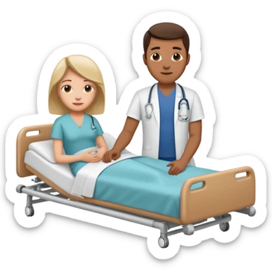 husband in plainclothes sitting beside hospital bed of wife sticker