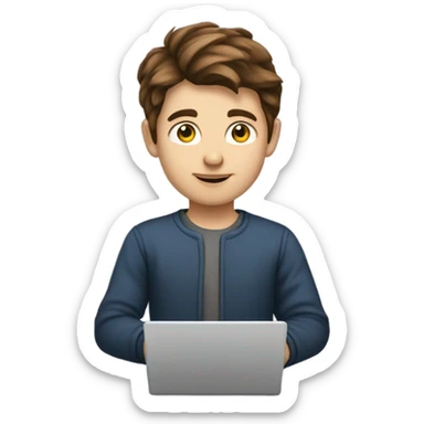 young fair-skinned guy programmer use laptop with brown hair sticker