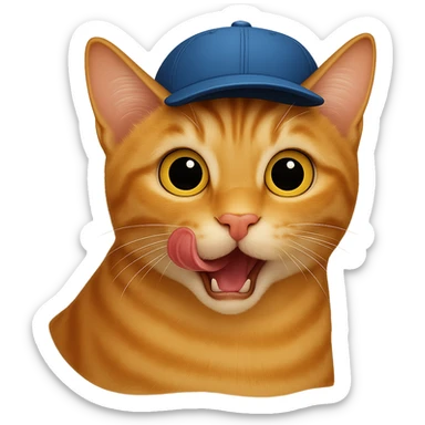Change the cat's face expression to hungry (licking lips or wide eyes), keep the blue cap, and set the background to transparent. Maintain a style as close to the original realistic emoji as possible, with detailed fur texture and lifelike appearance. sticker