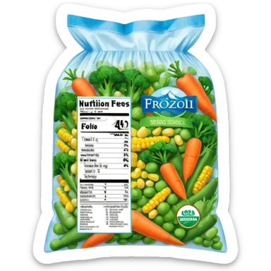 A colorful plastic bag of frozen mixed vegetables (peas, carrots, corn, and broccoli) with a bright label showing freshness and nutrition info. The bag surface has light frost and condensation. Placed in a freezer display section with other frozen food packs around it, real-life grocery store look. sticker