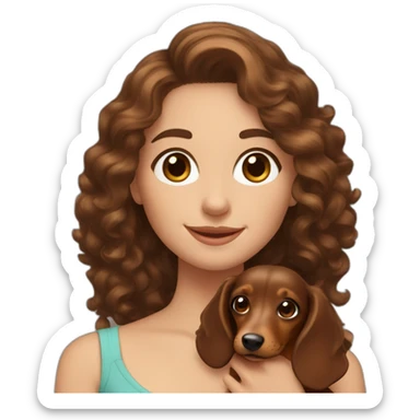 Young lady long curly brown hair smiling and brown eyes with long eyelashes and holding a dachshund  in her arms sticker