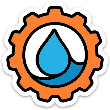 modern tech-inspired logo for a Rust parser that parses Shopify's Liquid language, incorporating elements of the Rust logo gear and orange color, with a droplet or wave representing Liquid, clean and professional style sticker