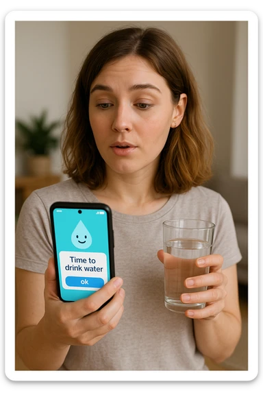 Donna che usa App per ricordarsi di bere, altrimenti non beve mai sticker