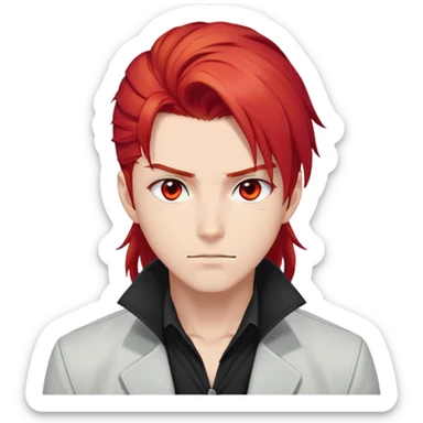 Handsome gorgeous anime man with bright-red hair, thick long ponytail, red eyes, white shirt, black jacket, stone face sticker