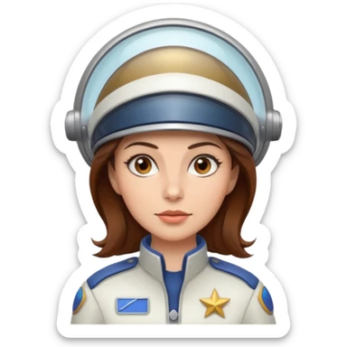 woman with brown hair and brown eyes.  space ship captain with white hat sticker