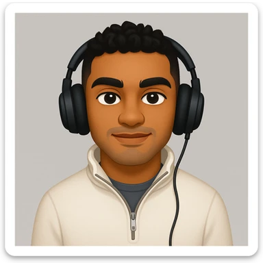 Edit the emoji portrait to closely match the reference photo's facial features, hairstyle, and skin tone. Maintain the music-forward, jaded but positive urban streetwear vibe. Include a music accessory such as headphones. The expression should be confident. The style should resemble an emoji but adapted for editing in the general style editor. sticker