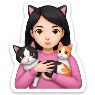 girl with black hair holding a tri-colored cat (black, orange, white) wearing a pink sweater sticker