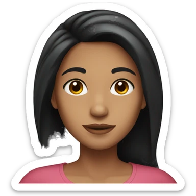 Black-haired woman with long hair, brown eyes, showing a heart sticker