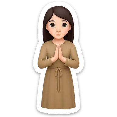 Show the woman standing and praying from the front view, wearing a long tan dress, with dark brown hair, in emoji style. Remove the background. sticker