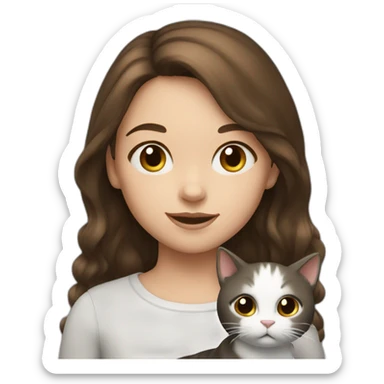 young girl with brown hair and cat black and white sticker