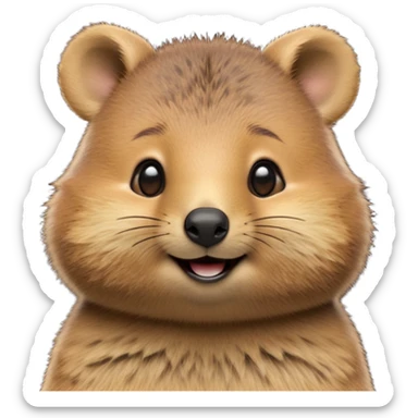 cinematic-realistic quokka-emoji,-small-round-frame, head tilted in an endearing manner, comical smile, round cheeks, giant-fluffy-cheeks-large-smile-fluffy-brown-fur-radiating-a-warm-softness,-big-round-eyes-filled-with-joy, realisticround  fluffy zoomed in, large black eyes sticker
