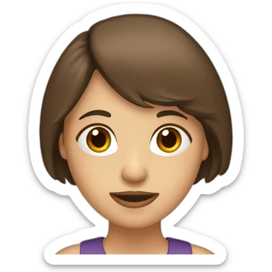 an adult girl with brown hair and a shoulder-length bob. there's a question mark behind her sticker