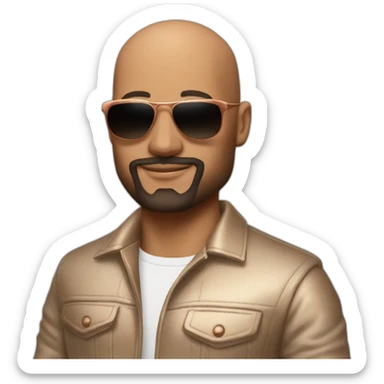 bald man wearing shades and has trimmed beard with normal colored skin standing next to a copper bugatti sticker