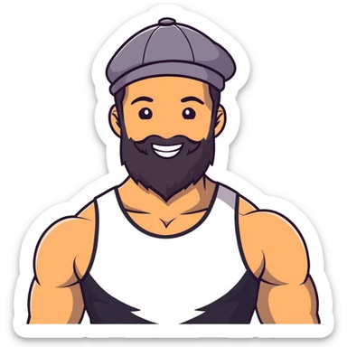 Muscular man with mid-long hair wearing a hat, big beard, smiling, white tank top sticker