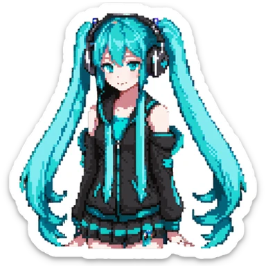 Hatsune Miku with teal twin tails, headphones, and signature outfit sticker