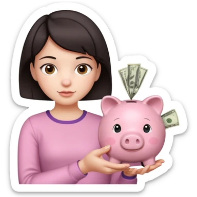 Девушка с тёмными короткими волосами с копилкой в руках складывает в неё деньги  sticker