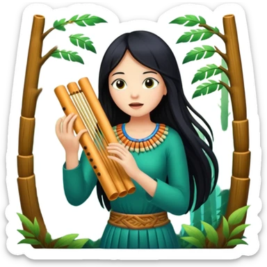 mystical forest woman with long black hair playing glowing pan flute sticker