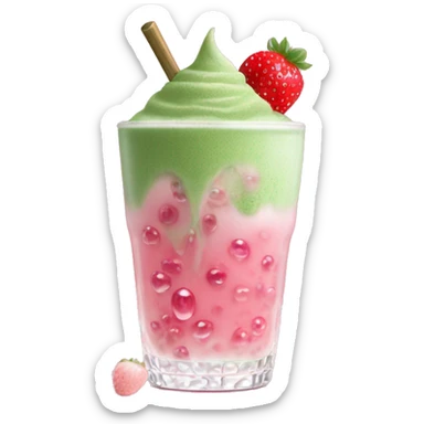 glass of ice matcha with boba pearls in the bottom covered with pink strawberry foam sticker