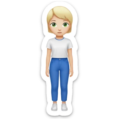 Short girl, green eyes, blond and short hair with blue pants and whit tshirt sticker