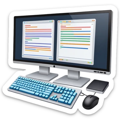 An icon featuring two large monitors filled with colorful code lines, symbolizing programming. The design includes a keyboard, terminal windows, and flowcharts in the background, representing software development, logic, and debugging. Transparent background sticker