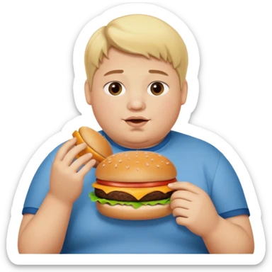 Make a fat blonde 15 year old boy eating a burger with a middle part sticker