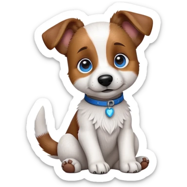 cinematic-[jack russel]-realistic-full-body-sitting-emoji,-tail-resting-loosely-beside-its-paws,blue eyes-head-tilted-dramatically, -scruffy-[brown and white]-fur,-simplified-yet-realistic-focused-features,-highly-detailed,-glowing-with-an-almost-sarcastic-glow sticker