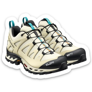 Minimalist iOS-style emoji of white Salomon XT-6 Gore-Tex shoes positioned as a pair with one behind the other, simple clean lines but recognizable technical hiking shoe details sticker