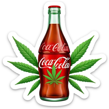 Classic Coca-Cola shaped glass bottle with curved contours, red color, with a cannabis leaf sticker