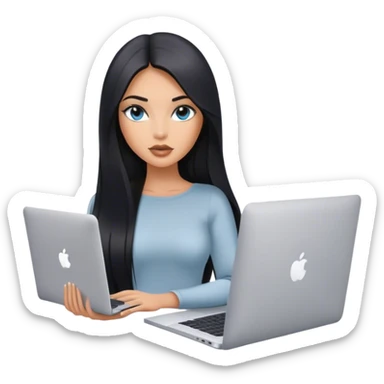 Glamours tanned very beautiful girl with pump nude lips and black straight smooth long hair, blue-grey eyes with one MacBook. sticker
