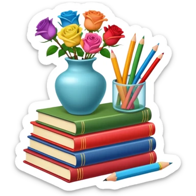 Five colorful books are stacked, along with a pencil holder full of crayons and a vase full of roses. The illustration style is cartoon. sticker