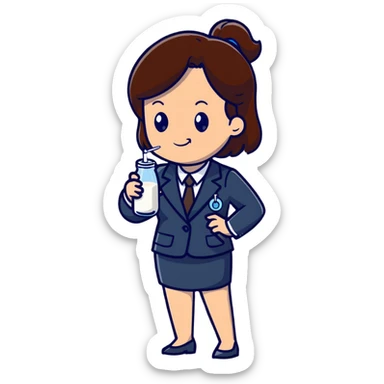 Mom with brown hair in business suit drinking milk and holding a vaccine syringe sticker