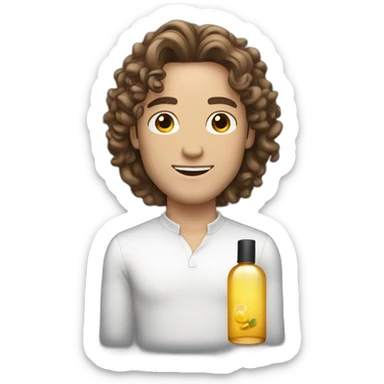 white skin men with long brunette curly hair with a perfum bottle sticker