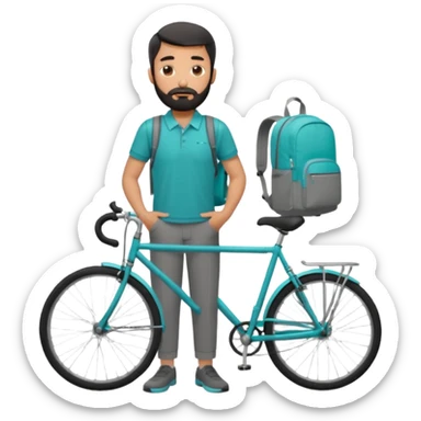 a man with a grey backpack and a torquoise byciycl and he has black shot=rt man hair and a beard with a polo grey shirt and dress pants sticker