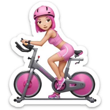 Light tan girl with a brown bob hat style with pink highlights in a pink workout set leaning on a indoor cycle bike, no helmet but add pink hair highlights  sticker