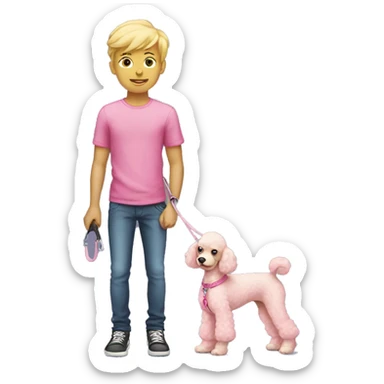 blonde skinny boy holding pink poodle on leash sticker