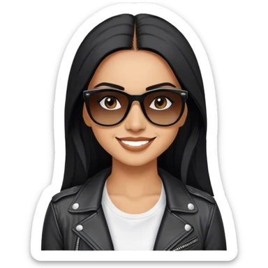 beautiful fit woman, with long straight black hair, with make up, black eye liner, smile mooth close, mexican, brown skin, wearing white tee, wearing leather black jacket, solar black wayfarer on the tip of the nose, we don’t see eyes of the girl sticker