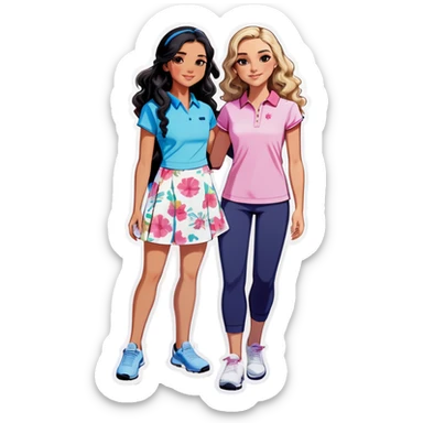 Three girls: one Chinese girl with golf clothes on, one Asian girl with workout pants and wavy mid lengthblack hair, and one American girl with long curly dirty blond hair and a floral dress on. All three are teens. They are all friends sticker